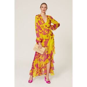 Caroline Constas Liv Yellow Floral Print Silk Long Sleeve V-Neck Maxi Dress Sz M